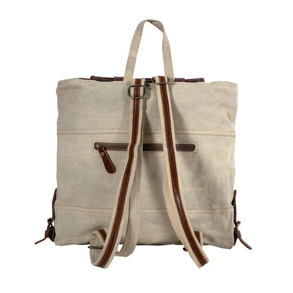 Myra Bag Handmade Army Backpack Upcycled Canvas & Cowhide Leather - Picture 5 of 10